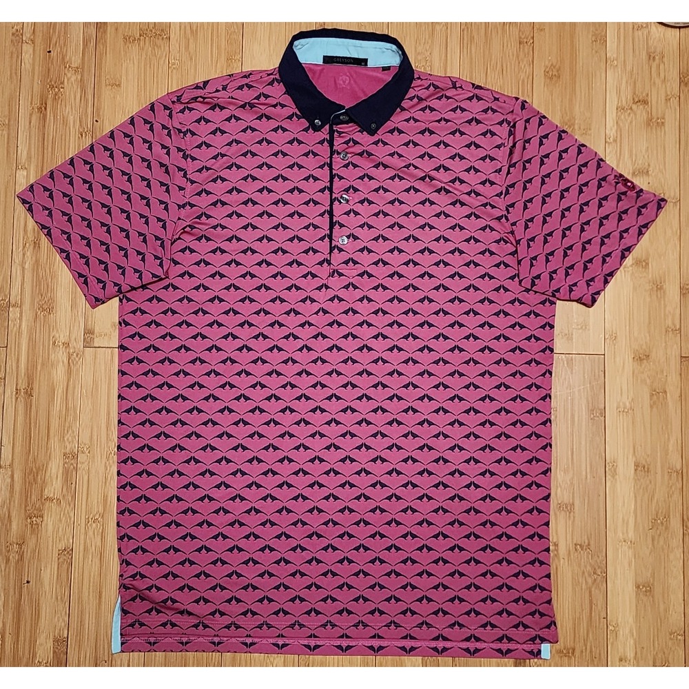 Greyson Men Medium Pink Navy Bird Print Golf Polo Shirt Short Sleeve Performance